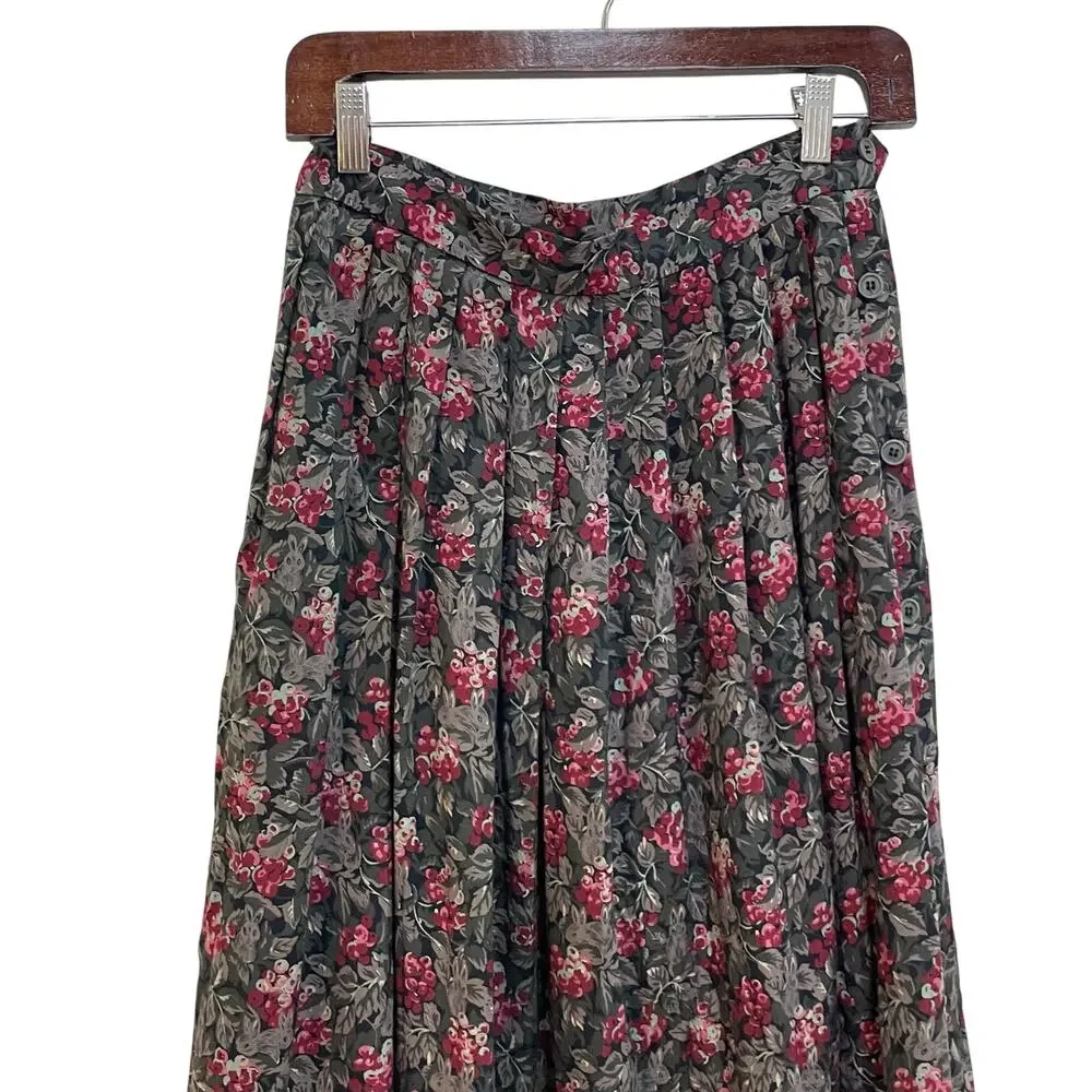 Vintage Susan Bristol Green & Black Rabbit Print Pleated Cottage Midi Skirt Sz 8